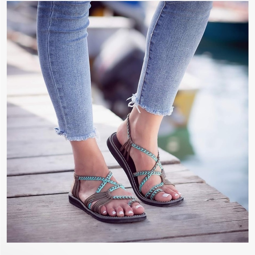 Plaka strappy Brown and Teal Sandals 8 - Picture 3 of 3